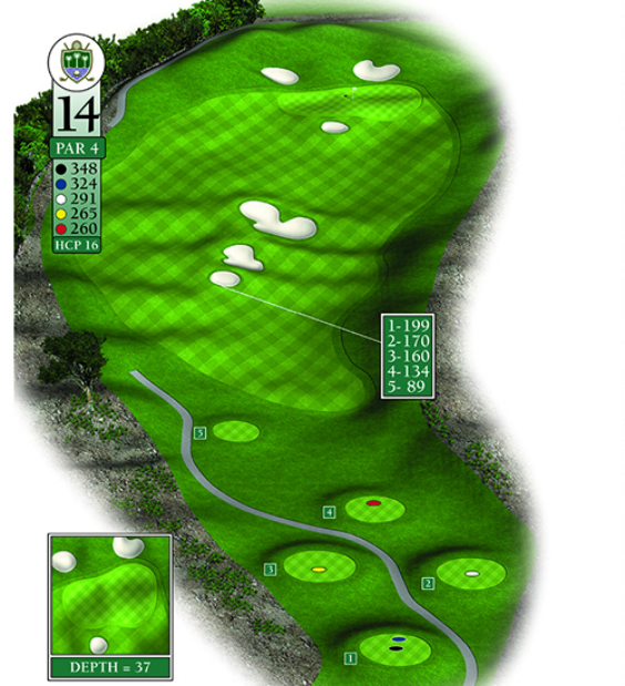 Mapa esquemático del hoyo 14 perteneciente al campo de 18 hoyos de La Romana Golf Club
